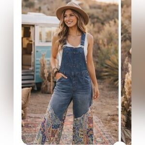 🆕 Easel Colorful Patchwork Flare Overalls